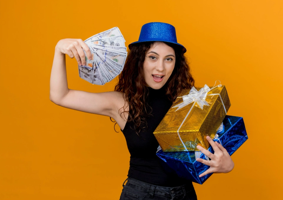 Woman with presents and money
